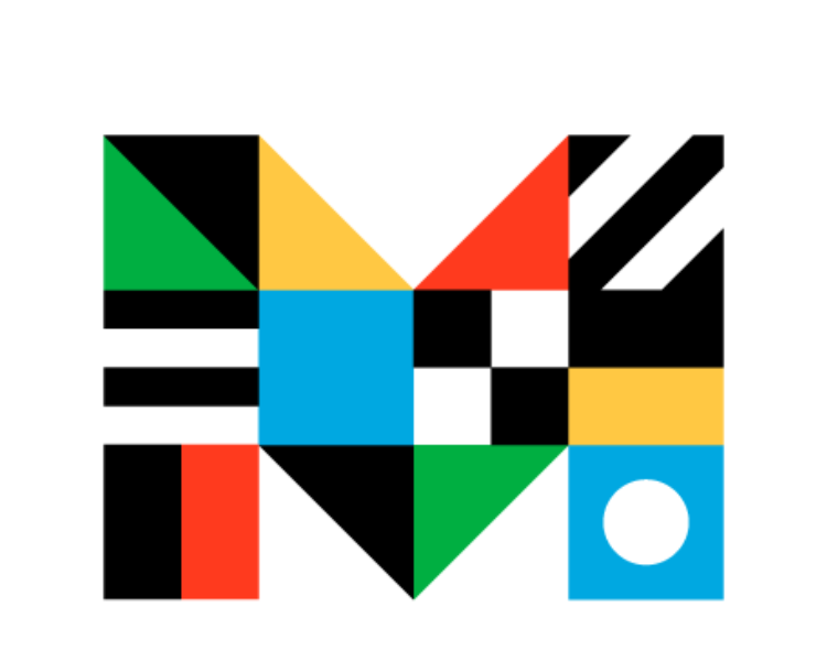 An M made up of squares with different geometric patterns in black, green, red, yellow, and blue.