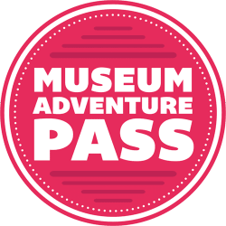 Red circle with the words Museum Adventure Pass centered on it