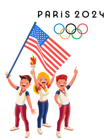 Paris 2024, Olympic rings, children holding flags 