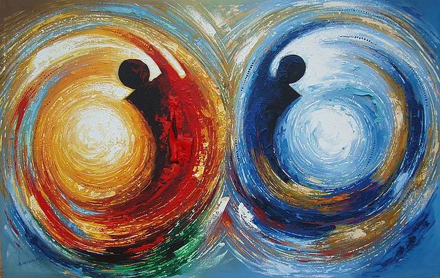 Abstract painting depicting two figures in orange and blue spheres