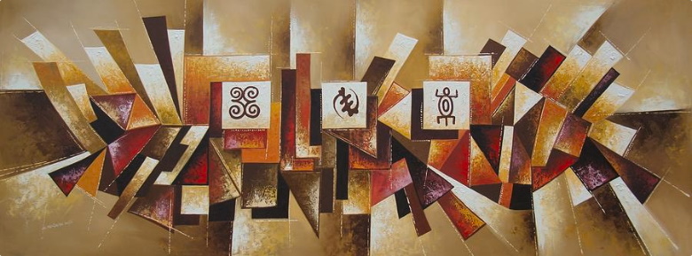 Abstract painting depicting three separate symbols in squares surrounded by triangles of various colors and tones