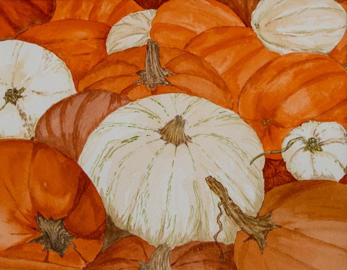 Watercolor painting of a pumpkin patch