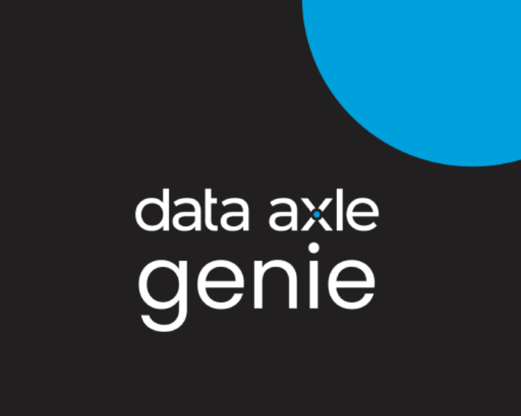Black background with a quarter of a blue circle in the top right. The words "data axle genie" are in the center in white type.