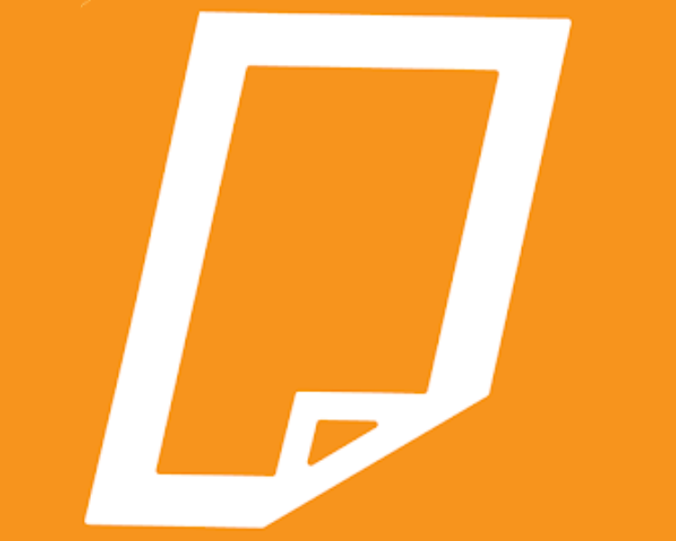 A white stylized icon of a sheet of paper on an orange background.