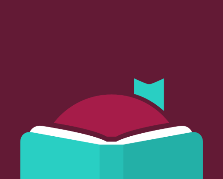 Image of the top of a head with red hair and a teal bow that is behind a teal book. The background is maroon.