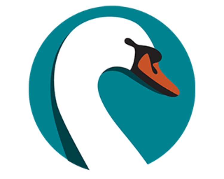 Image of a swan's neck and head in profile on a teal circle