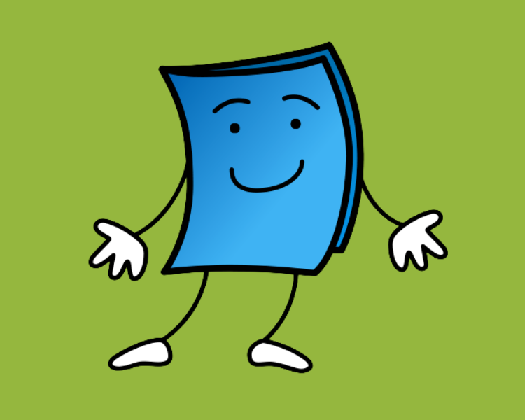 Green background with an anthropomorphic blue book on it. The book is smiling and holding his arms out.