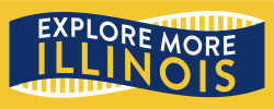 Curved blue banner over stylized railroad tracks. The banner says "Explore more Illinois."