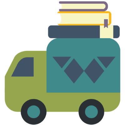 Cartoon image of a green truck with a teal trunk with the library logo on it. There is a stack of three books on top of the truck.