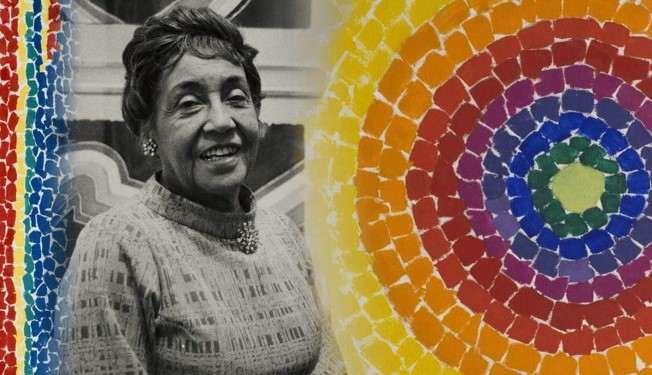 Alma Thomas portrait and picture of one of her mosaic pictures