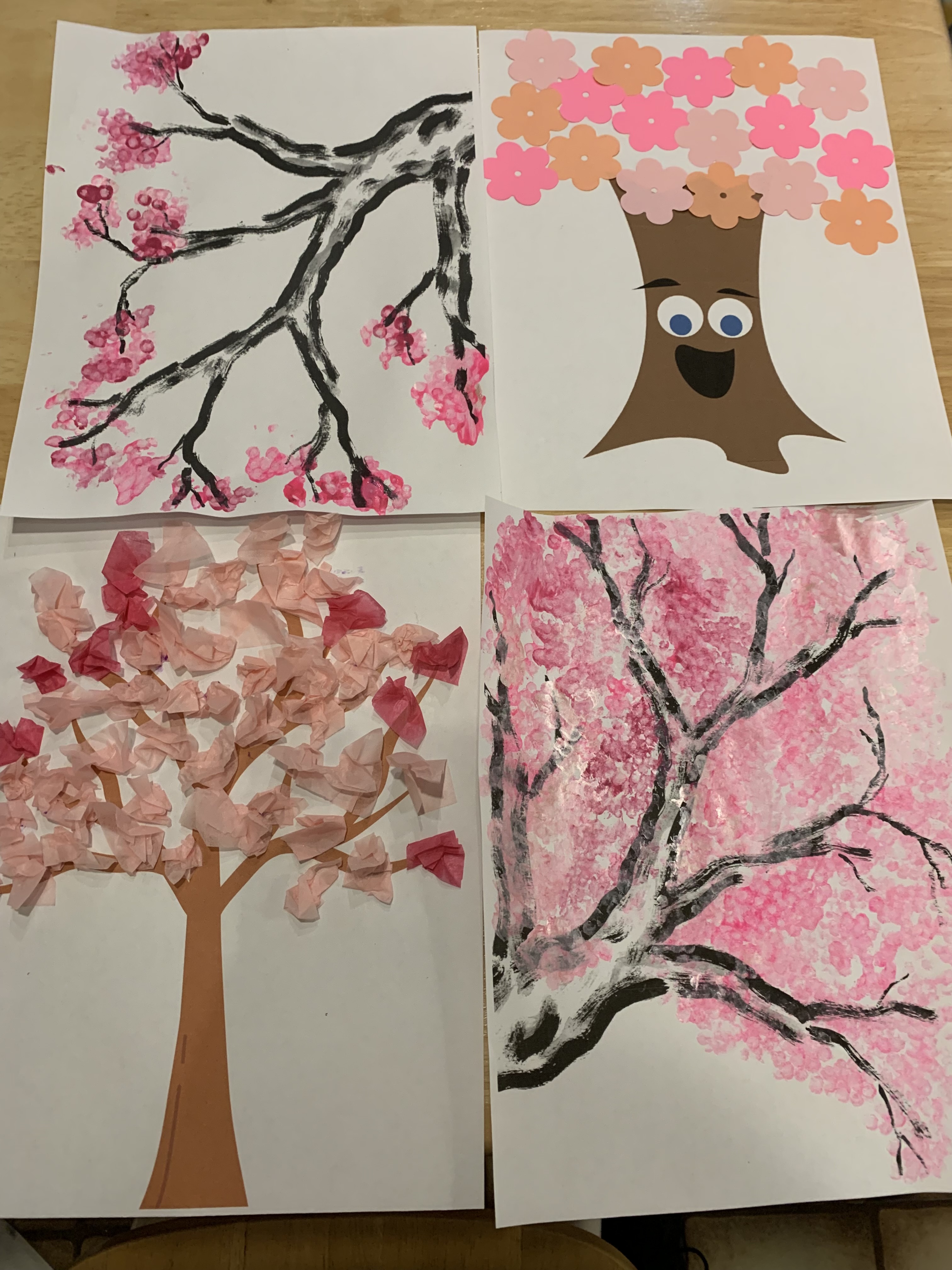 Tissue paper, q-tip painted, and flower cut outs cherry blossom trees