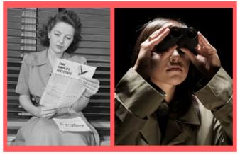 Collage Black and white photos woman during WWII time period & spying with binoculars