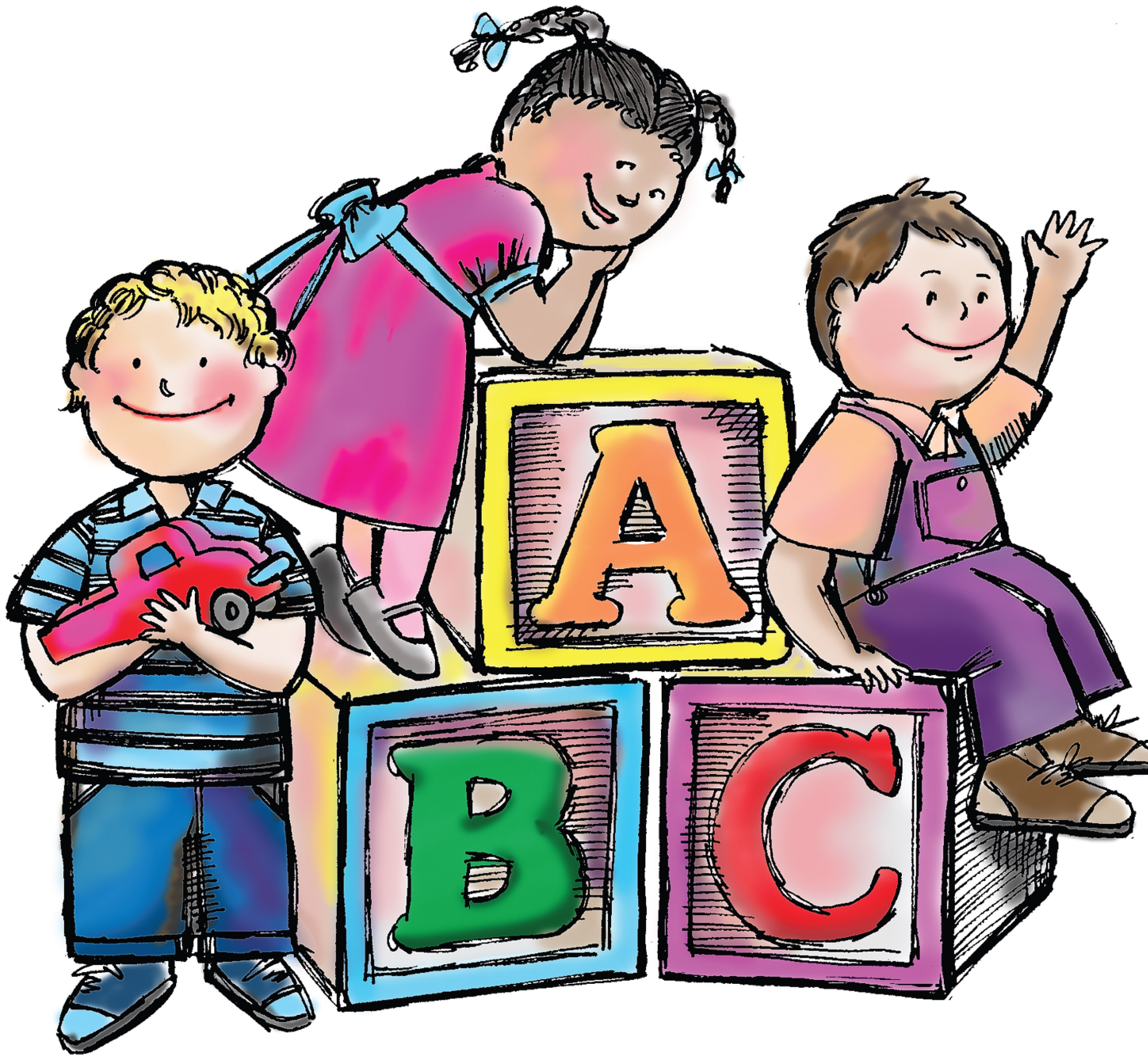 Children playing on alphabet blocks 