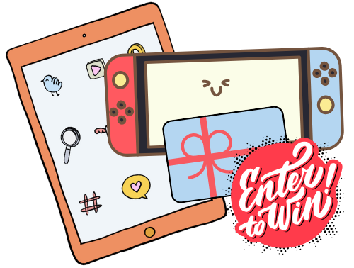 Cartoon of a tablet, handheld video game, and gift card with the text "Enter to Win" on a circle.