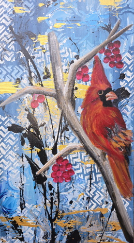 Painting and collage over a red cardinal on a branch in front of an abstract blue background. By Beata Nowak.