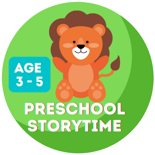 Preschool Storytime (Ages 3-5) green badge with lion
