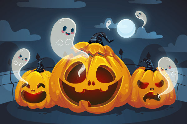 Three frightful pumpkins in the moonlight