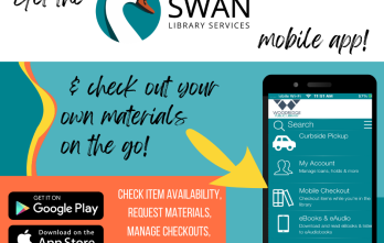 "Get the Swan" info banner about mobile app: "Check out your own materials on the go! Check item availability, request materials, manage checkouts, and more!"