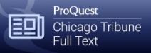 Text reading "ProQuest Chicago Tribune Full Text" on a dark blue background, to the right of an icon of a newspaper.