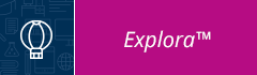 Hot air balloon icon in white over a dark blue background to the left of a magenta background with the word "Explora" in white.