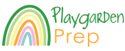 A pastel rainbow that looks like it was drawn by a child with the words Playgarden Prep to the right of it.