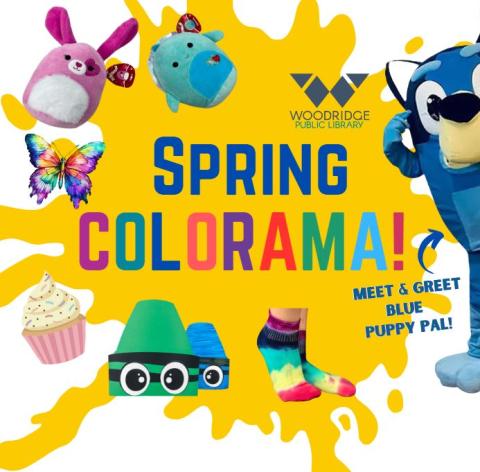 Spring Colorama, paint splatter with blue puppy character