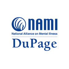 White NAMI DuPage logo with blue text