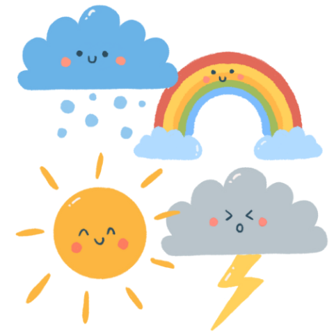 cute sun, snow cloud, rainbow and thunderstorm cloud