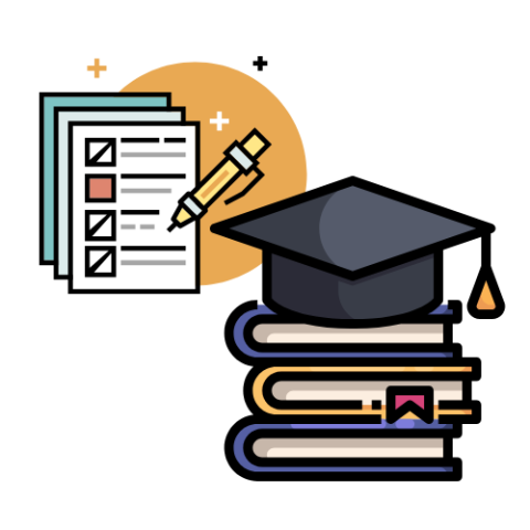 stack of books with graduation cap on top; checklist with pencil