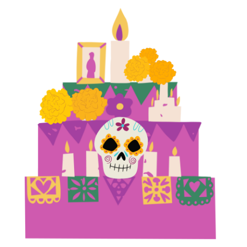 Ofrenda altar with candles, papel picado, flowers and a sugar skull