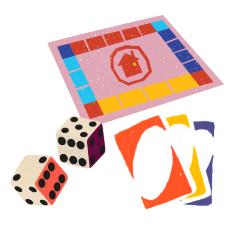 gameboard, playing cards and dice