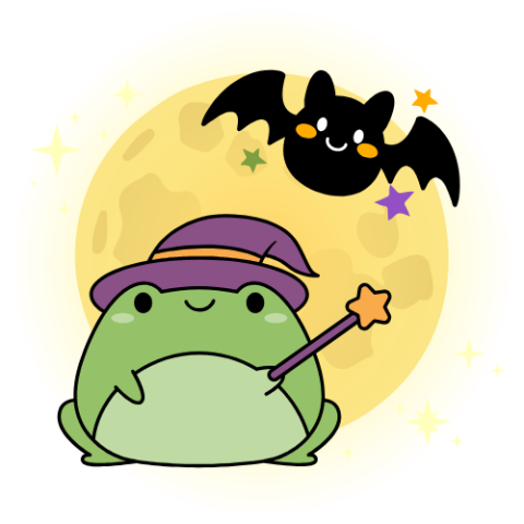 frog in witch's costume and cheerful bat in front of yellow full moon