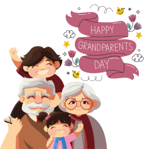 grandparents with grandkids next to Happy Grandparents Day banner