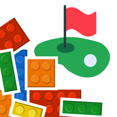 LEGO bricks next to golf hole with flag