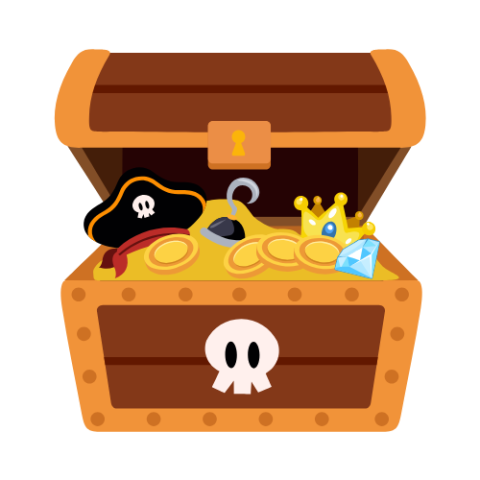 open treasure chest with pirate gear and gold items