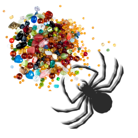 black spider approaching large pile of colorful beads
