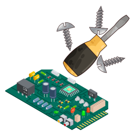 computer component with screwdriver and screws