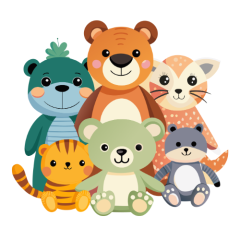 Variety of stuffed animals sitting in a group with smiling faces