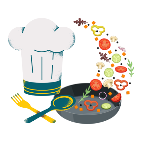 Chef's hat over crossed spoon and fork, next to pan tossing veggies in the air