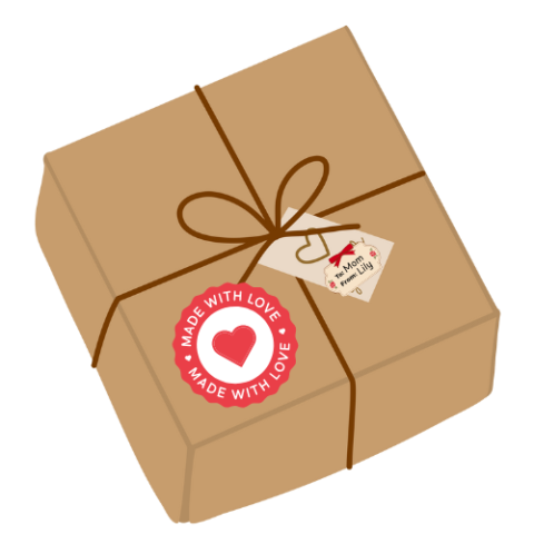Brown paper package with stamp stating "Made with Love"