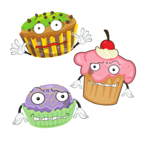 3 strange looking cupcakes with goofy expressions