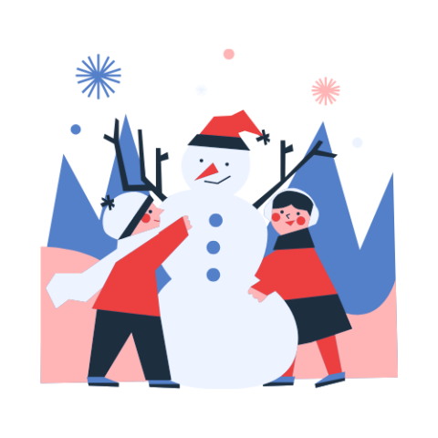 2 children making snowman on a winter day