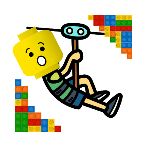 LEGO figure ziplining with scared expression