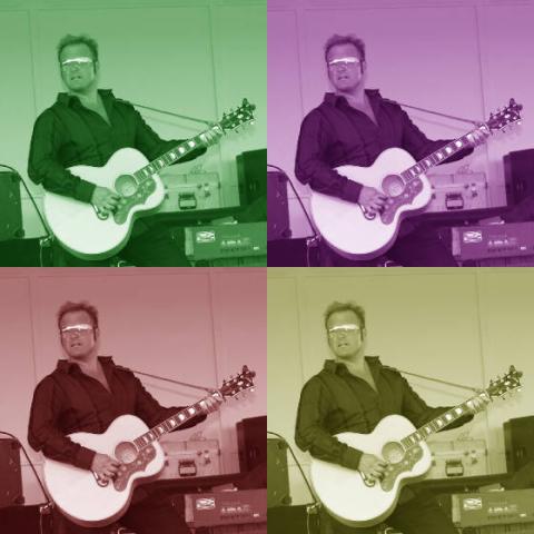 A photo of a white male musician wearing sunglasses and playing a guitar, repeated four times with different colored filters.