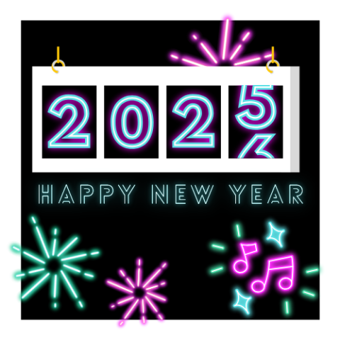 Countdown clock changing from 2025 to 2026 surrounded by neon fireworks and music notes
