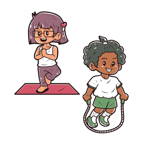 Young girl in yoga tree pose and boy jumping rope