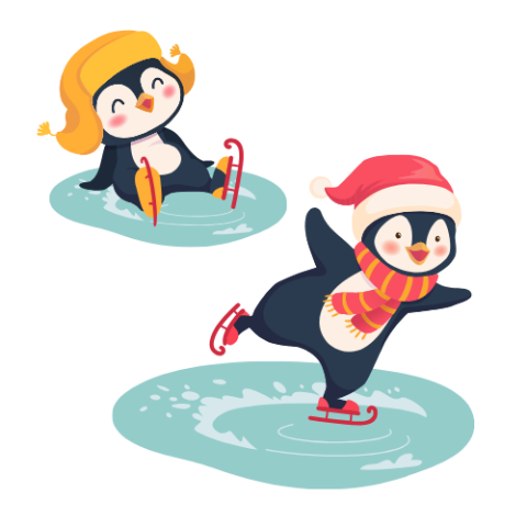 Two penguins ice skating on frozen pond