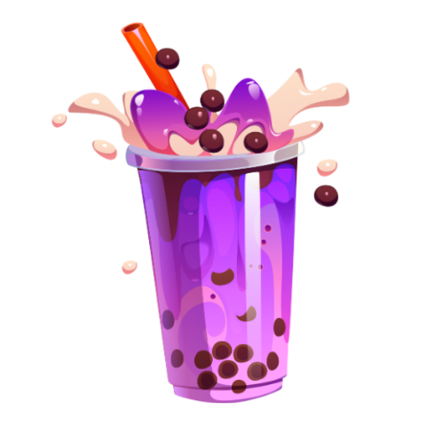 purple boba drink splashing out of top of cup