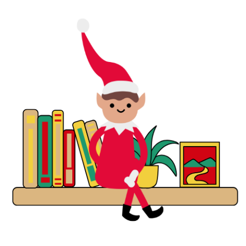 Holiday elf sitting on bookshelf