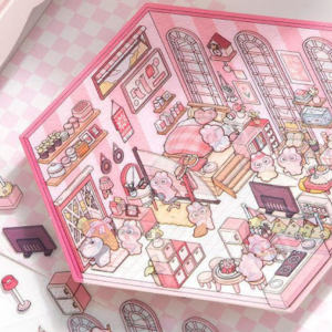 Pink hued three quarter view of a cartoon room with stickers